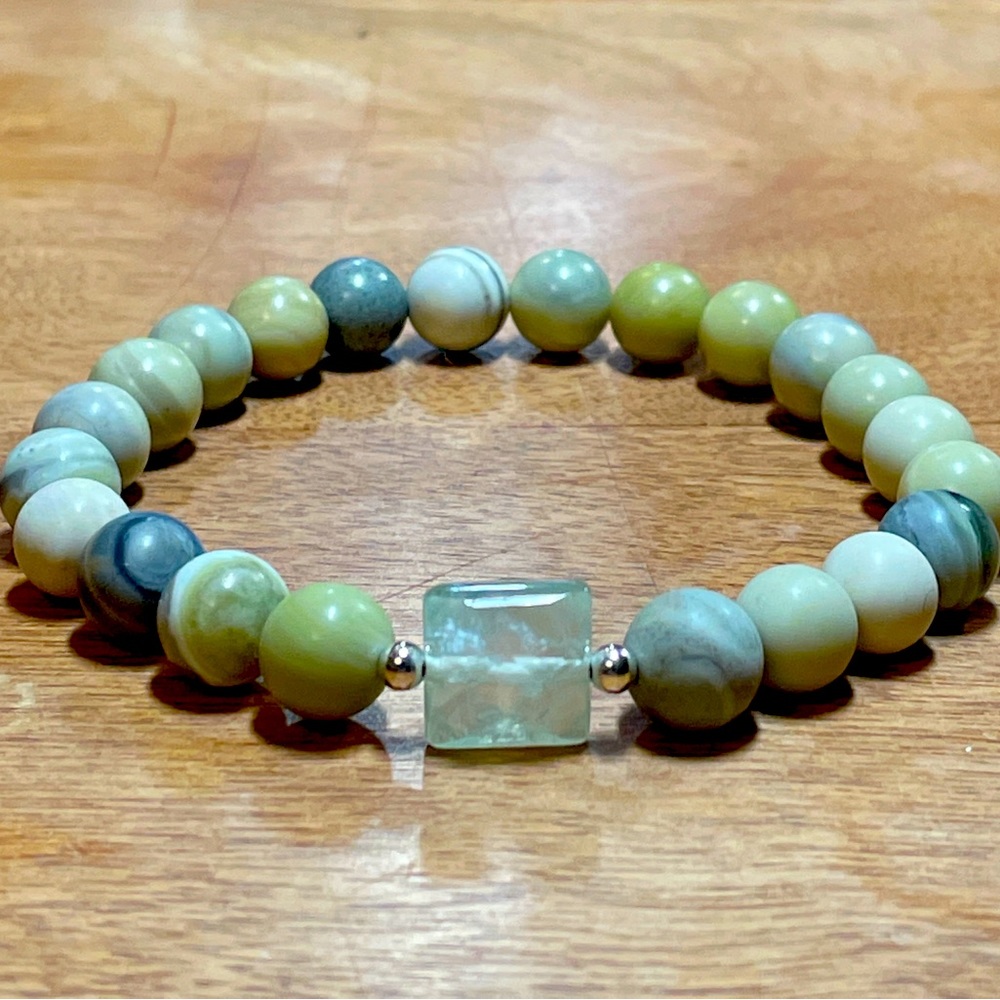 Semi-precious Prehnite and Jasper Gemstone Boho Style Bracelet